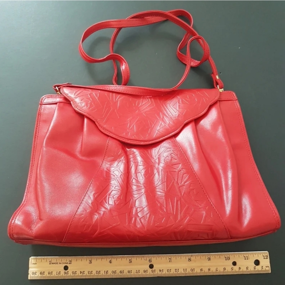 Italian Red Leather Shoulder Bag with Removable Strap - Convertible Clutch Purse - Picture 7 of 10